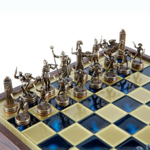 Load image into Gallery viewer, Greek Mythology Chess Set - Blue Copper Pawns - Blue Wooden case Board