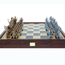 Load image into Gallery viewer, Greek Mythology Chess Set - Blue Copper Pawns - Blue Wooden case Board