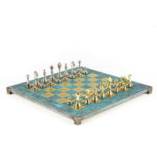Load image into Gallery viewer, Classic Metal Staunton Chess Set - Brass Nickel Pawns Blue oxidized chess Board