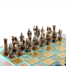 Load image into Gallery viewer, Greek Roman Army Chess Set - Blue Copper Pawns - Blue oxidized chess Board