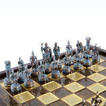 Load image into Gallery viewer, Greek Roman Army Chess Set - Blue Copper Pawns - Brown Wooden case Board