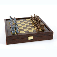 Load image into Gallery viewer, Greek Roman Army Chess Set - Blue Copper Pawns - Brown Wooden case Board