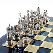 Load image into Gallery viewer, Greek Mythology Chess Set - Brass Nickel Pawns - Blue chess Board