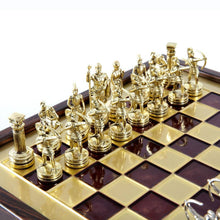 Load image into Gallery viewer, Archers Small Chess Set - Brass Nickel Pawns - Red Brass Wooden case Board
