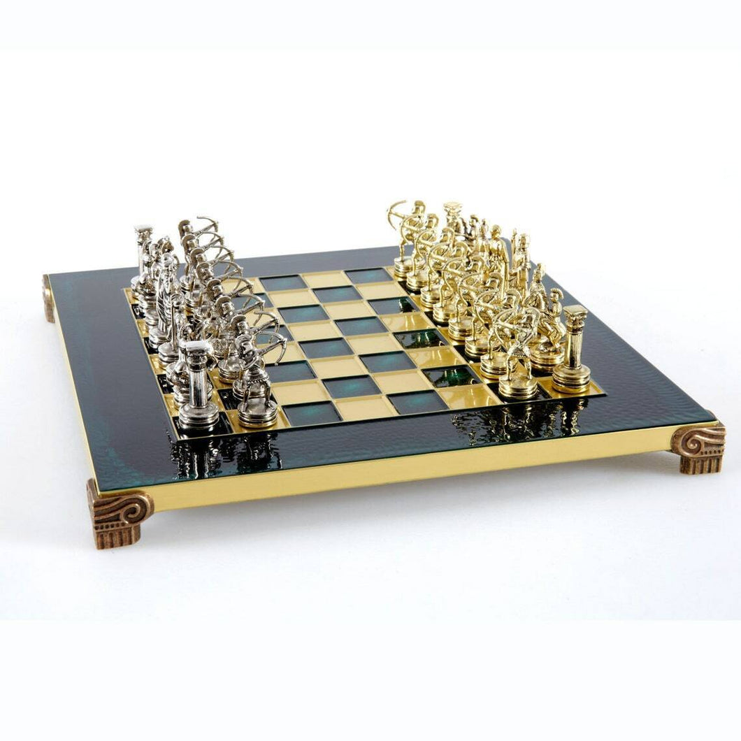 Archers Small Chess Set - Brass Nickel Pawns - Green chess Board