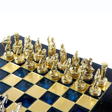 Load image into Gallery viewer, Archers Small Chess Set - Brass Nickel Pawns - Blue chess Board