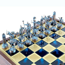 Load image into Gallery viewer, Greek Mythology Chess Set - Blue Copper Pawns - Blue Wooden case Board