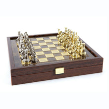 Load image into Gallery viewer, Greek Roman Army small Chess Set - Brass Nickel Pawns - Brown Wooden case Board
