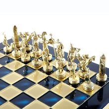 Load image into Gallery viewer, Greek Mythology Chess Set - Brass Nickel Pawns - Blue chess Board