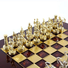 Load image into Gallery viewer, Archers Small Chess Set - Brass Nickel Pawns - Red chess Board