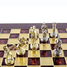 Load image into Gallery viewer, Archers Small Chess Set - Brass Nickel Pawns - Red chess Board
