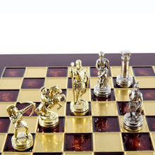 Load image into Gallery viewer, Archers Small Chess Set - Brass Nickel Pawns - Red chess Board