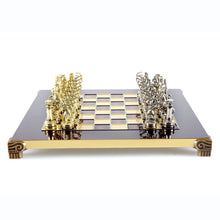 Load image into Gallery viewer, Archers Small Chess Set - Brass Nickel Pawns - Red chess Board
