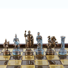 Load image into Gallery viewer, Greek Roman Army Chess Set - Blue Copper Pawns - Brown Wooden case Board