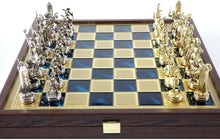 Load image into Gallery viewer, Greek Mythology Chess Set - Brass Nickel Pawns - Blue Wooden case Board