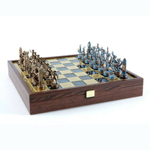 Load image into Gallery viewer, Greek Mythology Chess Set - Blue Copper Pawns - Blue Wooden case Board