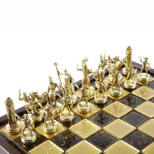 Load image into Gallery viewer, Greek Mythology Chess Set - Brass Copper Pawns - Brown Wooden case Board