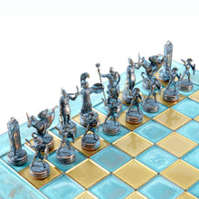 Load image into Gallery viewer, Greek Mythology Chess Set - Blue Copper Pawns - Blue oxidized chess Board