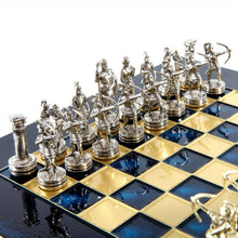 Load image into Gallery viewer, Archers Small Chess Set - Brass Nickel Pawns - Blue chess Board