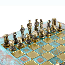 Load image into Gallery viewer, Cycladic Art Chess Set - Bronze Material - Blue Handmade oxidized chess Board