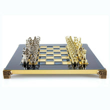 Load image into Gallery viewer, Archers Small Chess Set - Brass Nickel Pawns - Blue chess Board