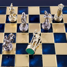 Load image into Gallery viewer, Archers Small Chess Set - Brass Nickel Pawns - Blue chess Board