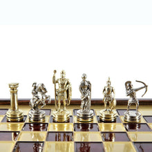 Load image into Gallery viewer, Archers Small Chess Set - Brass Nickel Pawns - Red Brass Wooden case Board
