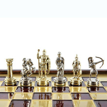 Load image into Gallery viewer, Archers Small Chess Set - Brass Nickel Pawns - Red Brass Wooden case Board