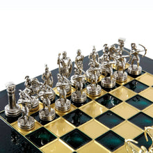 Load image into Gallery viewer, Archers Small Chess Set - Brass Nickel Pawns - Green chess Board