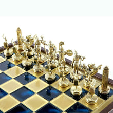 Load image into Gallery viewer, Greek Mythology Chess Set - Brass Nickel Pawns - Blue Wooden case Board