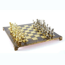 Load image into Gallery viewer, Greek Roman Army Large Chess Set - Brass Nickel Pawns - Brown chess Board