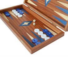 Load image into Gallery viewer, 15" Mahogany Backgammon Set - Blue White Checkers