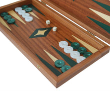Load image into Gallery viewer, 15" Mahogany Backgammon Set - Green White Checkers