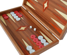 Load image into Gallery viewer, 15" Mahogany Backgammon Set - Red White Checkers