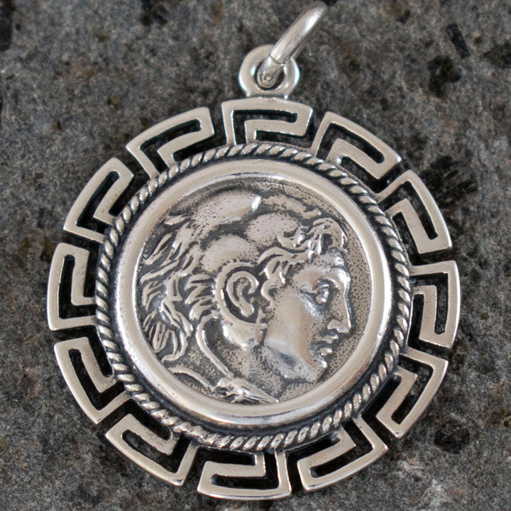 Alexander The Great Hercules Silver Coin Pendant With Meander - Macedonia King