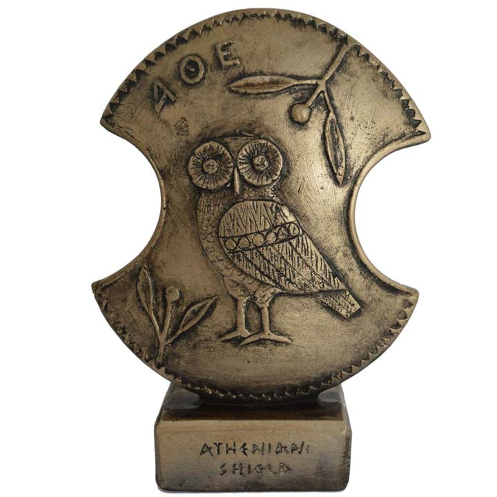 Goddess Athena shield with owl design small sculpture - Symbol of Wisdom Strategy
