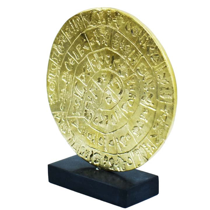 Réplique Du Disque De Phaistos En Bronze - Sculpture Musée Minoenne - Diamètre 15 Cm - Support Inclus
