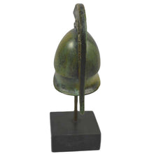 Load image into Gallery viewer, Bronze miniature Helmet with Owl carvings on marble base - Goddess Athena symbol
