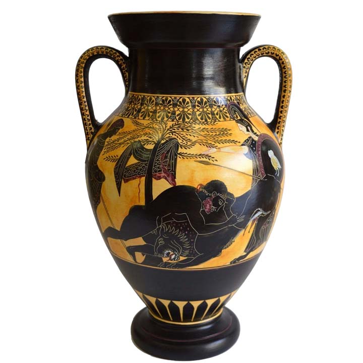 Heracles fighting Lion - Goddess Athena - Ancient Greek Amphora - Museum Replica