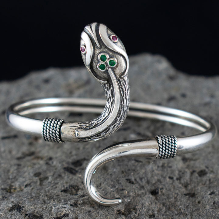 Minoan Snake Silver Bracelet With Ruby & Emerald - Ancient Crete