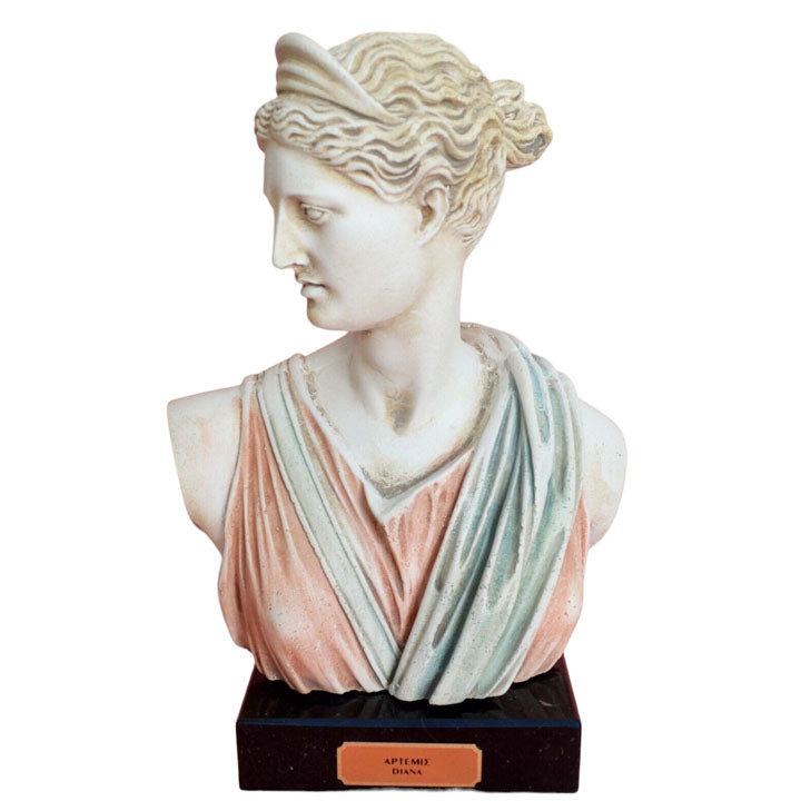Artemis Goddess of Hunt head bust on marble base - Diana Mistress of Animals