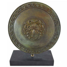 Load image into Gallery viewer, Ancient Greek small bronze shield with Gorgon Medusa head and meander design
