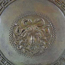 Load image into Gallery viewer, Ancient Greek small bronze shield with Gorgon Medusa head and meander design
