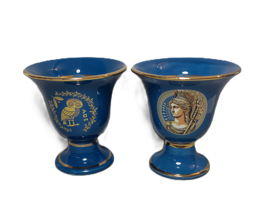 Pythagorean Cup set with Goddess Athena and Owl Design 2 cups color petrol