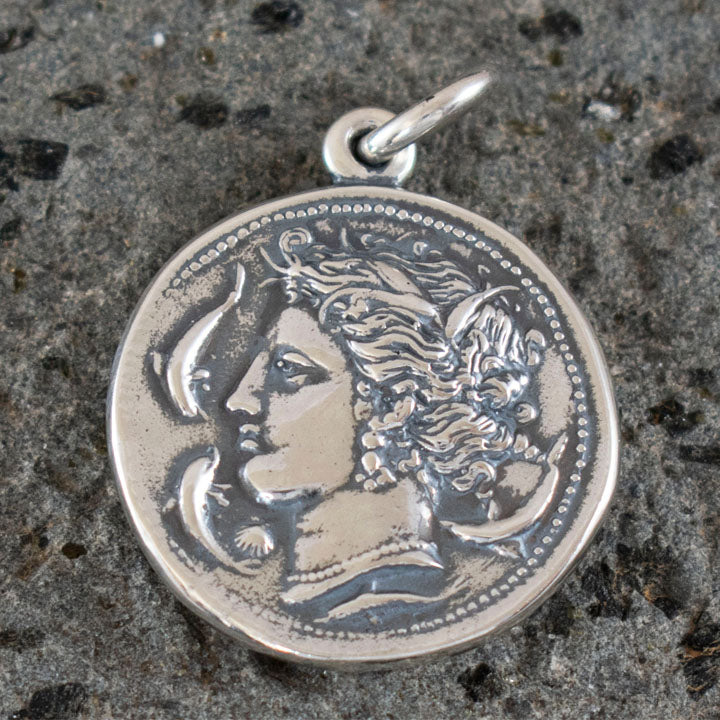 Artemis Large Silver Coin Pendant - Syracuse Coin - Diana Mistress of Animals