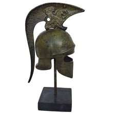 Load image into Gallery viewer, Athenian pure bronze mini helmet on marble base with legendary griffin carvings
