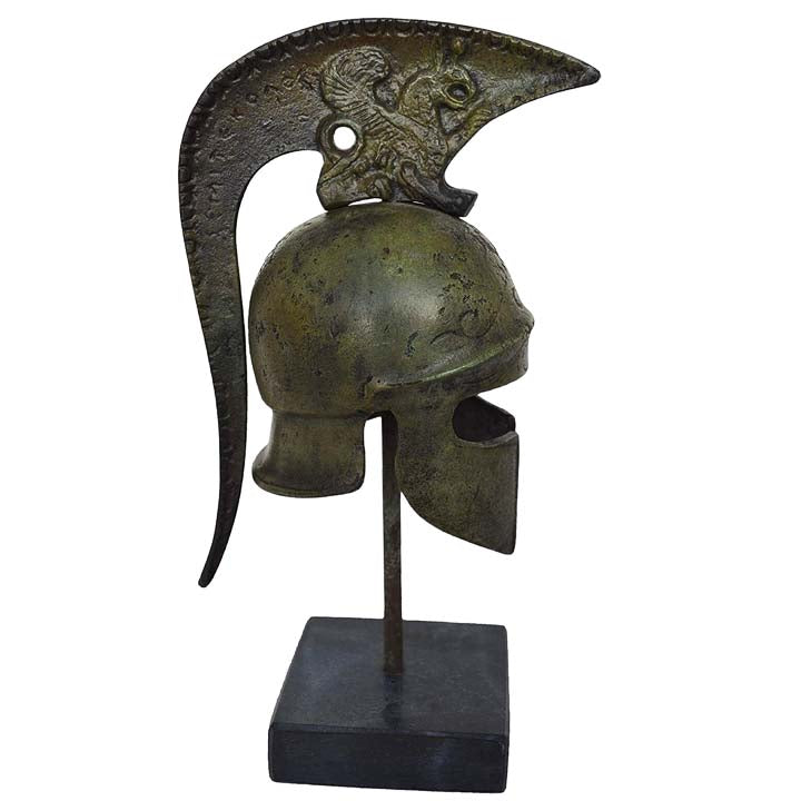 Athenian pure bronze mini helmet on marble base with legendary griffin carvings