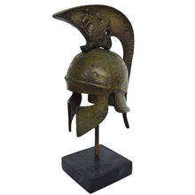Load image into Gallery viewer, Athenian pure bronze mini helmet on marble base with legendary griffin carvings
