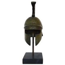 Load image into Gallery viewer, Athenian pure bronze mini helmet on marble base with legendary griffin carvings
