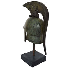 Load image into Gallery viewer, Athenian pure bronze mini helmet on marble base with legendary griffin carvings
